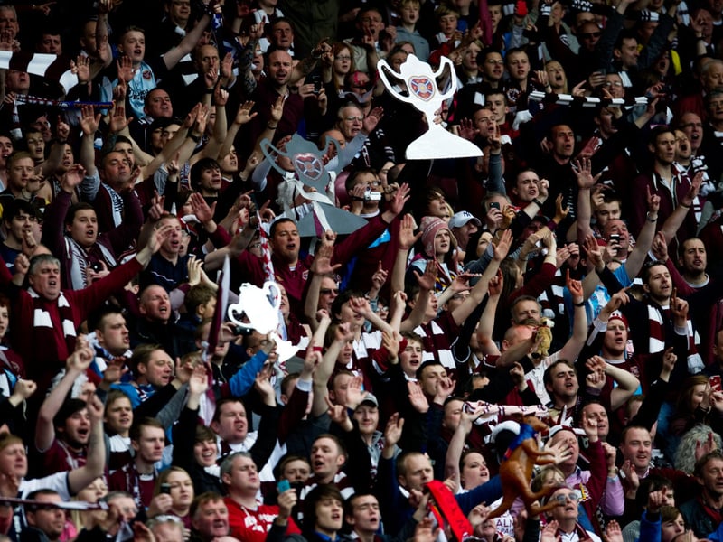 Hearts fans celebrate their side's famous win.