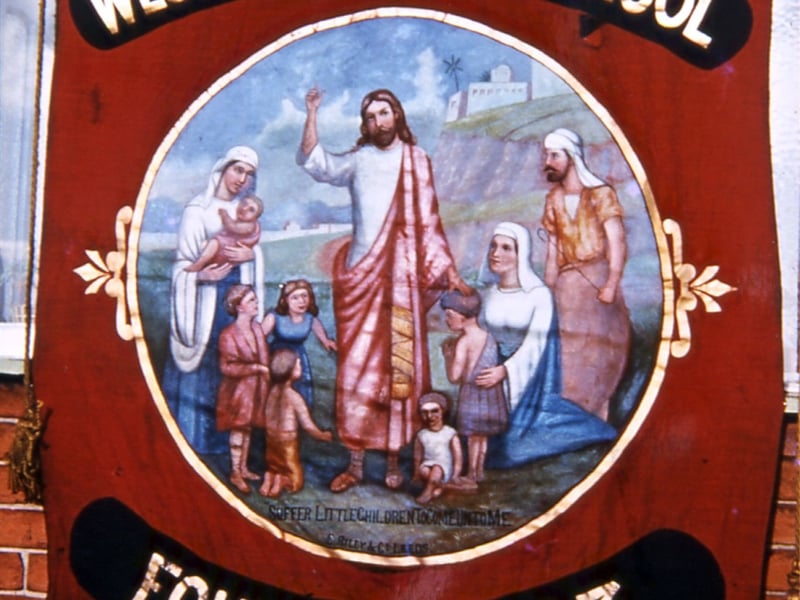 Tingley Wesleyan Sunday School banner which gives the date the Sunday School was founded as 1793. The banner was used during Whitsuntide and other walkabouts. The Sunday School is located in Westerton Road.