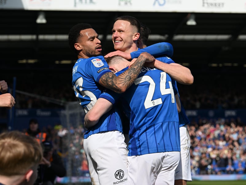 Pompey's Colby Bishop and team-mates celebrates his goal against Leeds. Pic: Graham Hunt/ProSportsImages