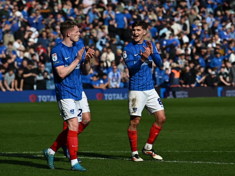 Pompey players celebrate with fans after the Leeds win. Pic: Graham Hunt/ProSportsImages