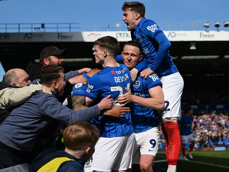 Pompey players celebrate with fans after the Leeds win. Pic: Graham Hunt/ProSportsImages