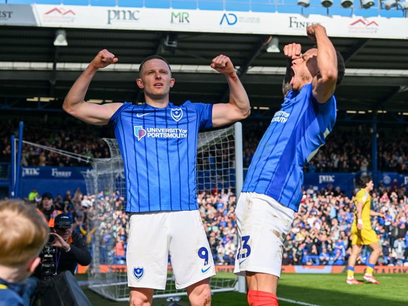 Pompey's Colby Bishop and Josh Murphy celebrate the goal after the Leeds win. Pic: Graham Hunt/ProSportsImages