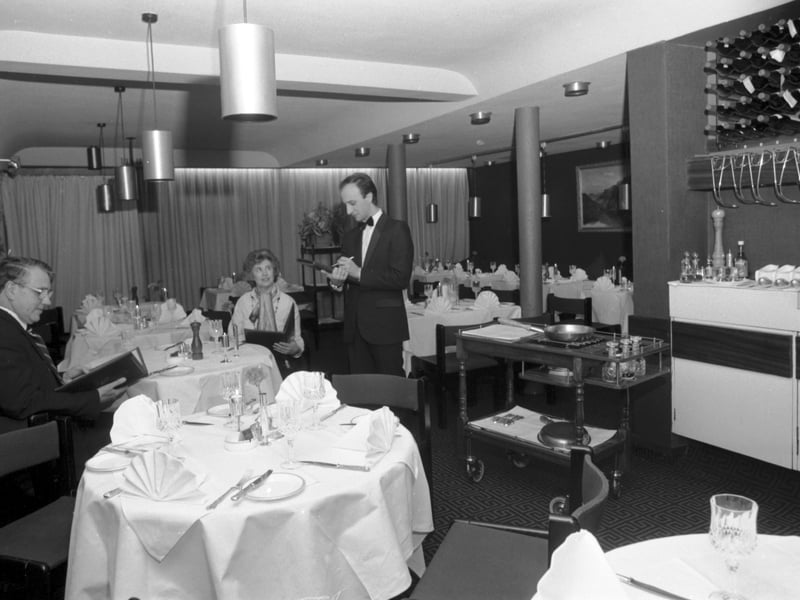 Manager-cum-head waiter Ricardo Zanetti in the main dining room of the Howtowdie restaurant in Stafford Street Edinburgh, January 1986.