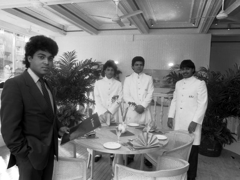 Restaurateur and hotelier Tommy Miah (left), and waiters in the Raj Indian restaurant in Leith, March 1986.
