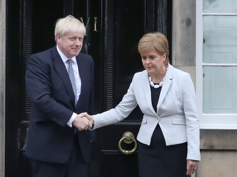 First Minister Nicola Sturgeon not overjoyed at shaking hands with Prime Minister Boris Johnson outside Bute House in Edinburgh ahead of their 2019 meeting.