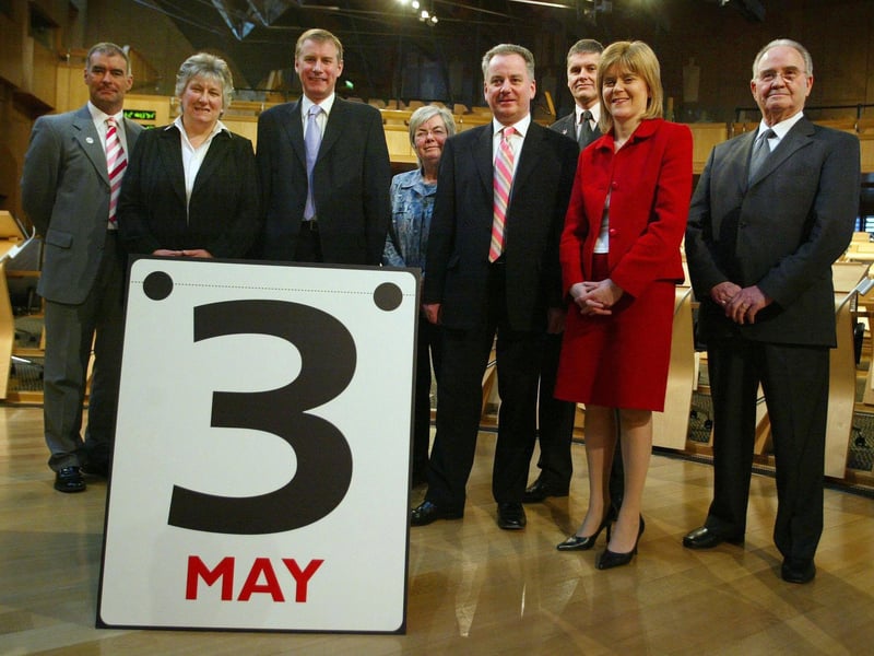 (Left to right): Scottish party leaders, Solidarity leader Tommy Sheridan, Conservative leader Annabel Goldie, Liberal leader Nicol Stephen, Green leader Shiona Baird, Labour leader Jack McConnell, SSP leader Colin Fox, SNP's Nicola Sturgeon and Senior Citizens' Unity leader John Swinburne, gather at the parliament in Edinburgh to highlight the next election date