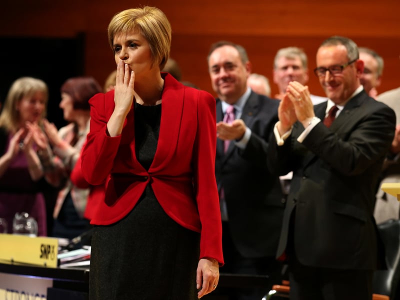 Newly appointed SNP leader Nicola Sturgeon blows a kiss after her speech at the annual party conference at Perth Concert Hall in 2014