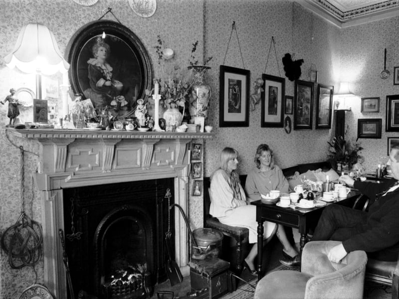 People eating in Shrimps seafood restaurant in St Leonards Street Edinburgh, September 1987. The restaurant was decorated in '19th century Scandinavian parlour' style.