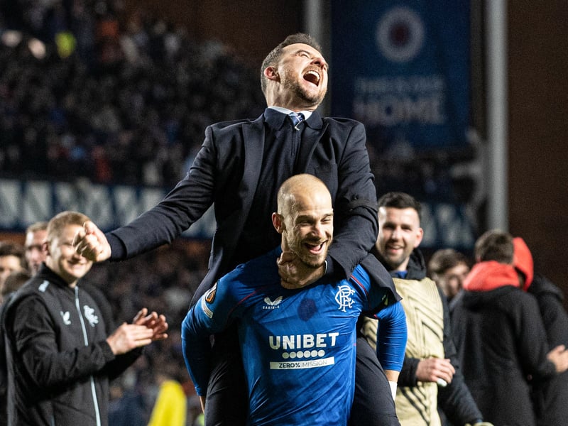 Rangers interim head coach Barry Ferguson celebrates with Vaclav Cerny.
