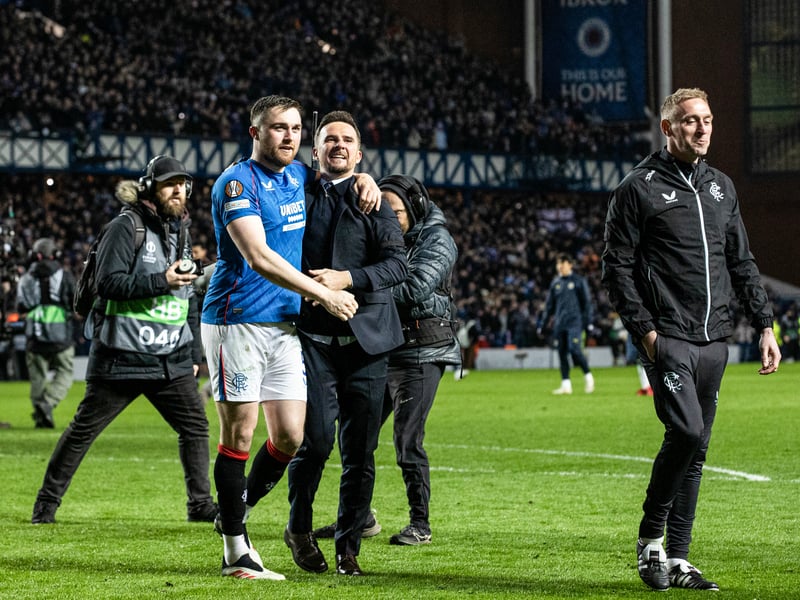 Rangers interim head coach Barry Ferguson celebrates with John Souttar and Goalkeeping coach Allan McGregor.