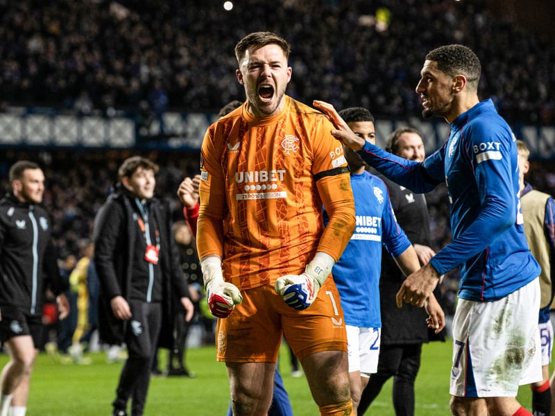 Rangers' Jack Butland celebrates after his three saves during a penalty shoot-out.