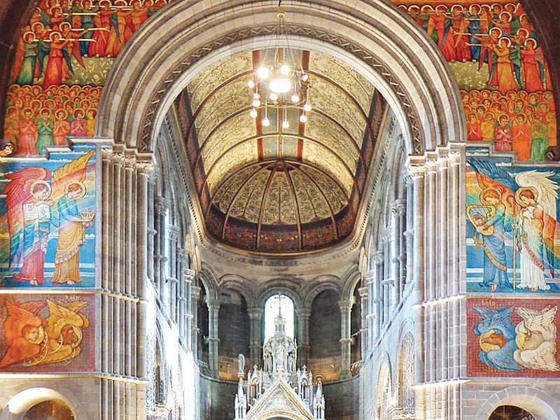 Known as ‘Edinburgh’s Sistine Chapel’,  the interior was decorated by Arts and Crafts artist Phoebe Traquair following a commission by  the Catholic Apostolic Church whose members believed in the Second Coming of Christ. 
"Nothing outside this Romanesque church designed by Robert Rowand Anderson prepares you for interior, glittering with murals by Phoebe Traquair," Robin Ward wrote.
The building is used as an events venue.