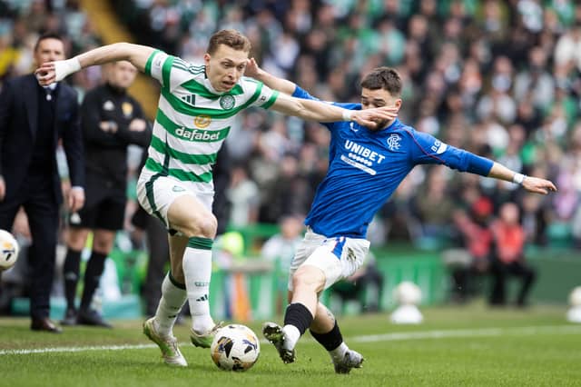 Celtic's Alistair Johnston and Rangers' Nicolas Raskin jostle for possession. (Photo by Alan Harvey / SNS Group)
