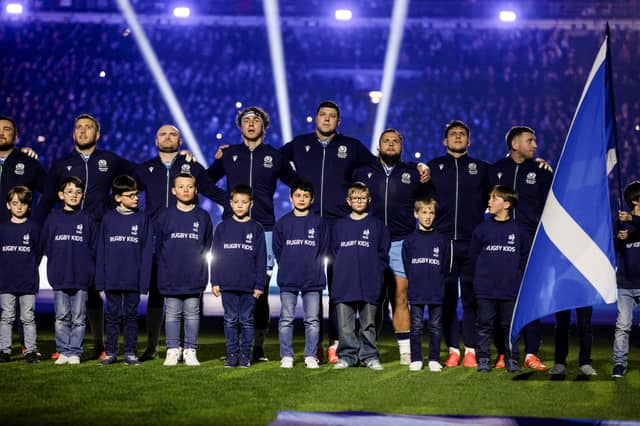 Scotland players during the national anthem ahead of the final Six Nations match against France in Paris. (Photo by Craig Williamson / SNS Group)