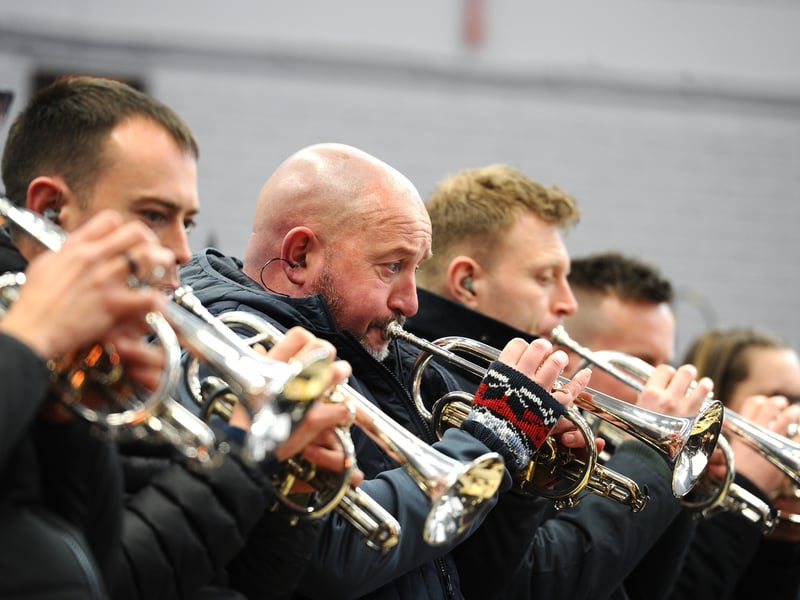 Musicians part of the Royal Marines Band Service (RMBS) during  rehearsals at the Mountbatten Leisure Centre in preparation for a major performance at the Royal Albert Hall in the annual Mountbatten Festival of Music.
