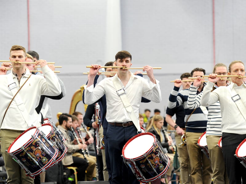 Musicians part of the Royal Marines Band Service (RMBS) during  rehearsals at the Mountbatten Leisure Centre in preparation for a major performance at the Royal Albert Hall in the annual Mountbatten Festival of Music.