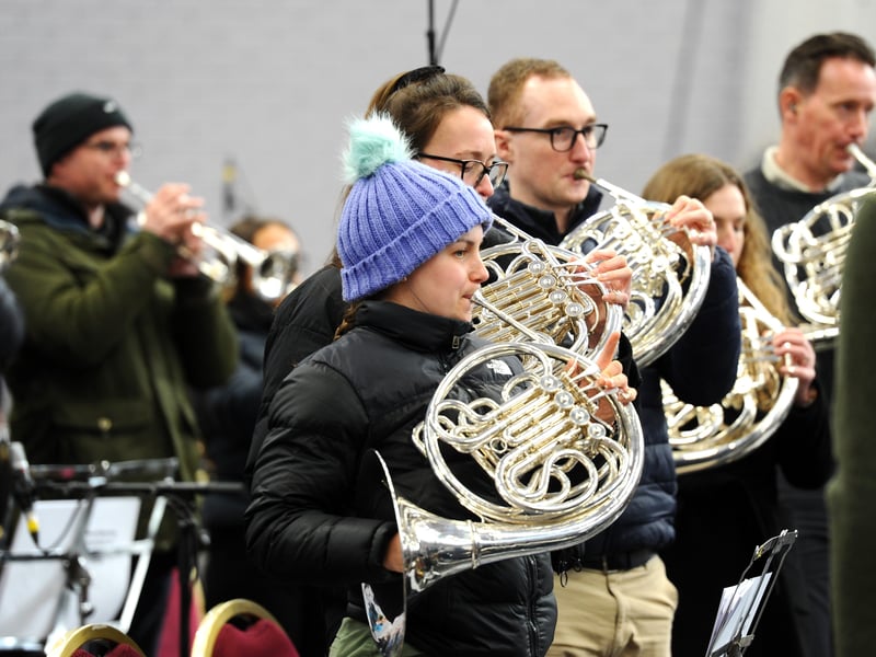 Musicians part of the Royal Marines Band Service (RMBS) during  rehearsals at the Mountbatten Leisure Centre in preparation for a major performance at the Royal Albert Hall in the annual Mountbatten Festival of Music.