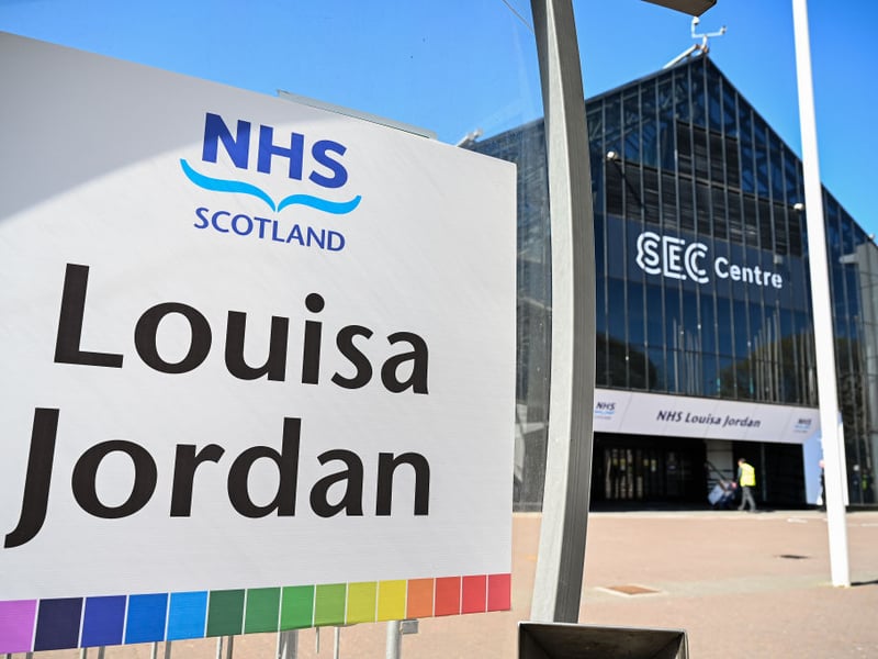 Signage outside the new NHS Louisa Jordan hospital, created in Glasgow's SEC venue, which was ready to take its first coronavirus patients on April 20, 2020.