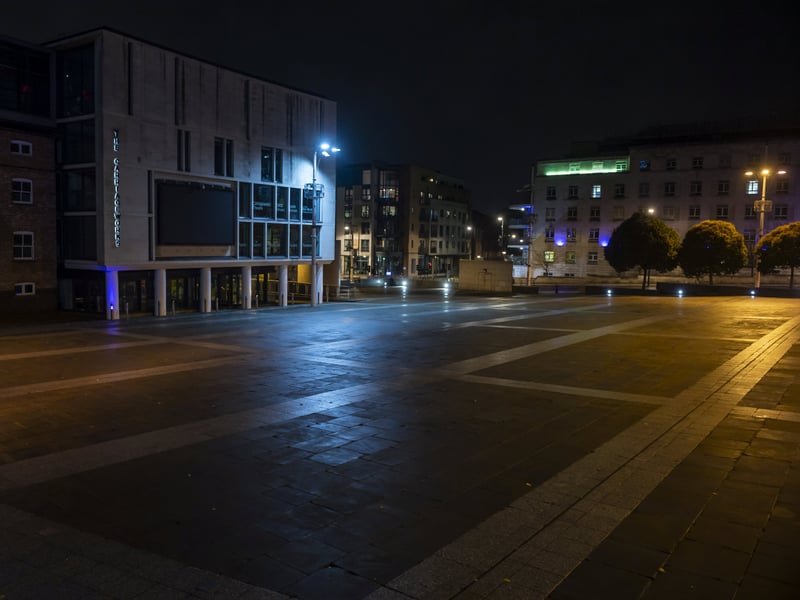 A deserted Millennium Square in Leeds, where the Christmas market would usually be, in November 2020, during the Covid pandemic
