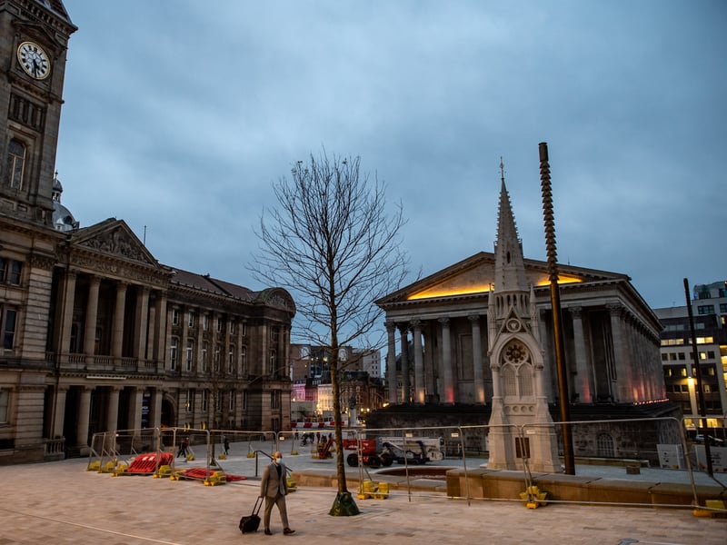 An eerily quiet Chamberlain Square, Birmingham, in 2020, after Christmas markets which should have been in full swing were cancelled due to Covid.