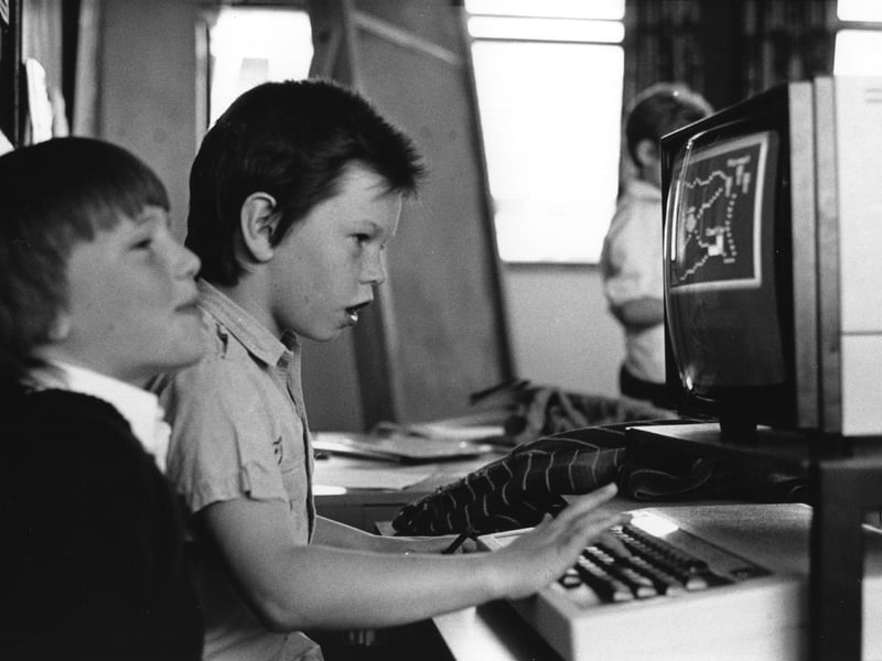 If your school was lucky enough to have a computer during the 1980s, there's a good chance it was a BBC Microcomputer, developed by Acorn Computers, and you almost certainly had to share it with your classmates. Pictured here are two pupils at Hardwicke School in Herefordshire using a computer in June 1987
