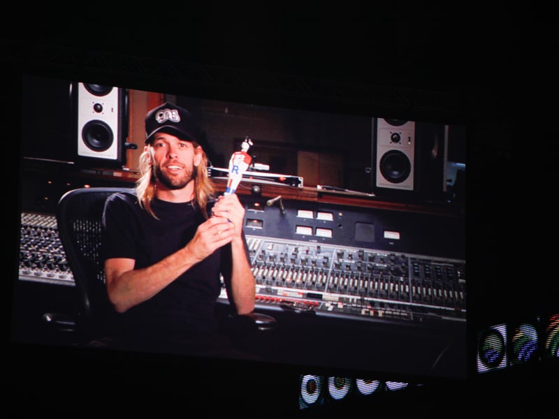 Taylor Hawkins of Foo Fighters accepts award via video during The BRIT Awards 2012 at The O2, on February 21, 2012 in London, England.