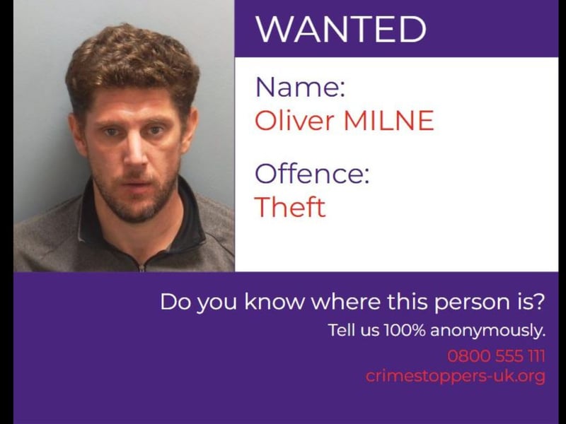 Oliver Milne, 38, is wanted for failing to attend Portsmouth Magistrates Court to face a charge of theft in Guildford on October 11, 2024.