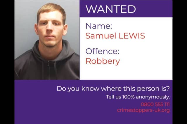 Samuel Lewis, 26, is wanted for failing to attend Portsmouth Crown Court on December 23, 2024 to face a charge of handling stolen goods in Portsmouth on April 18, 2024.