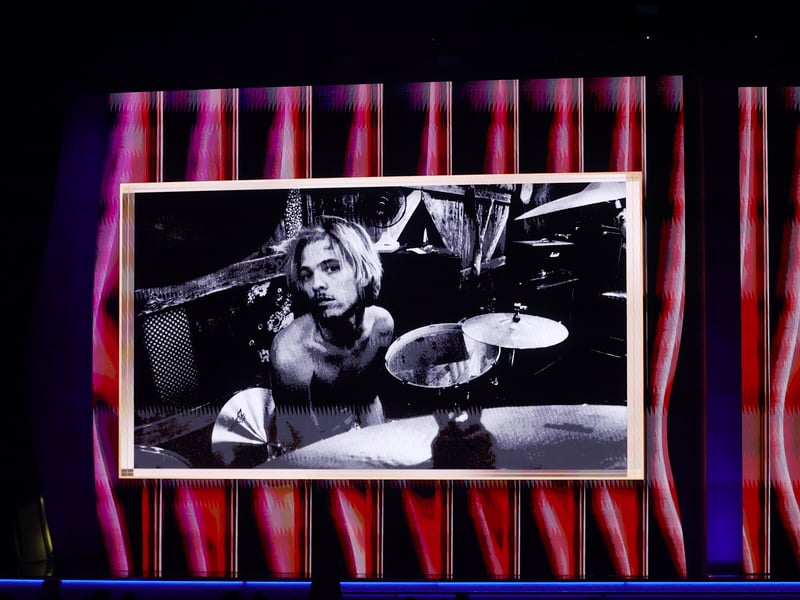 n image of the late Taylor Hawkins is projected onto a screen during the 64th Annual GRAMMY Awards at MGM Grand Garden Arena on April 03, 2022 in Las Vegas, Nevada.