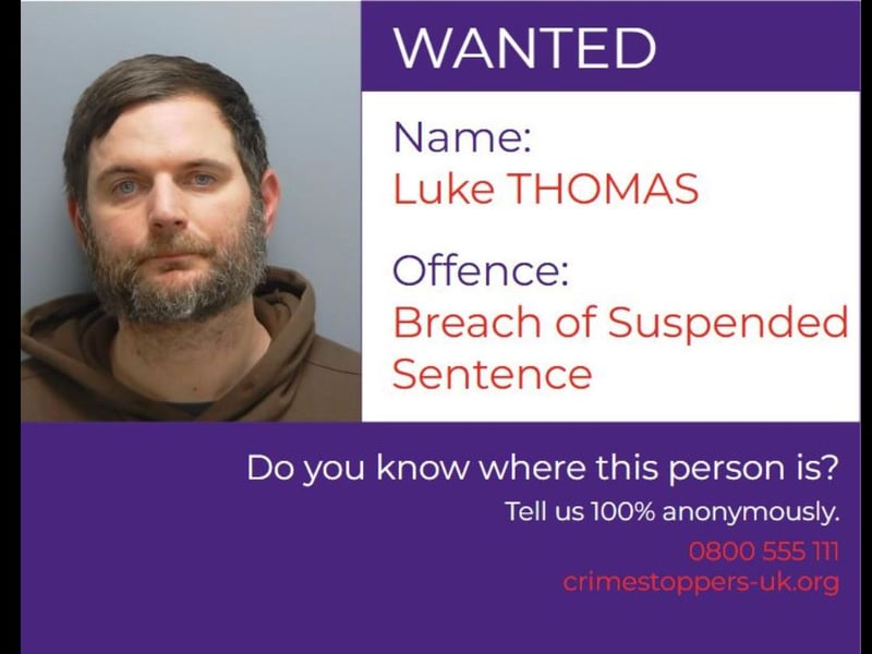 Luke Thomas, 38, who has links to Aldershot, is wanted on warrant for failing to appear at Winchester Crown Court on January 31, 2025, in relation to a breach of a suspended sentence order.