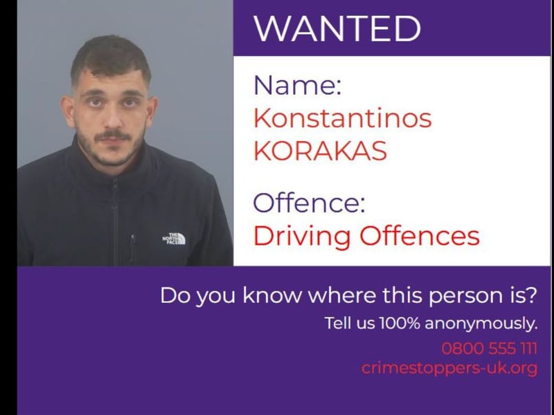 Konstantinos Korakas, 25, is wanted on warrant in relation to drug driving offences in Southampton on September 27 2024. 
