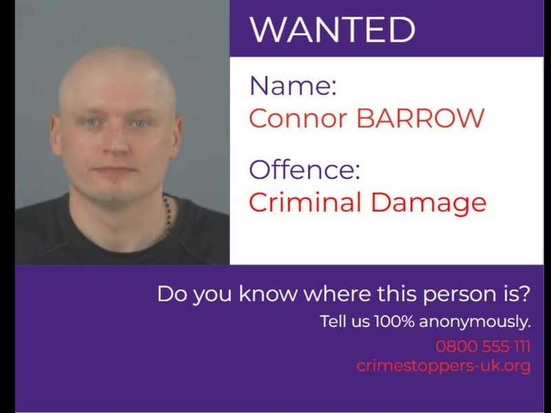 Connor Barrow, 24, is wanted for failing to appear at court in relation to criminal damage in Southampton on November 27, 2024.