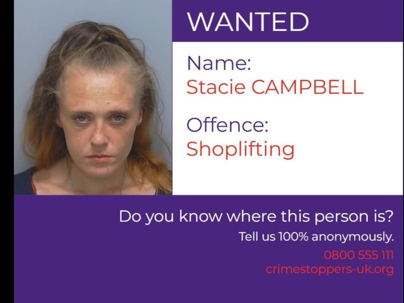 Stacie Campbell, 31, is wanted after failing to appear at Basingstoke Magistrates’ Court on February 5, 2025, in relation to a shoplifting offence in Basingstoke and breaches of a Community Protection Notice.