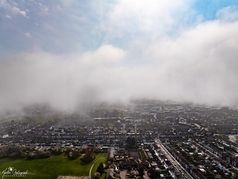 Drone footage captures the low clouds arriving in Portsmouth