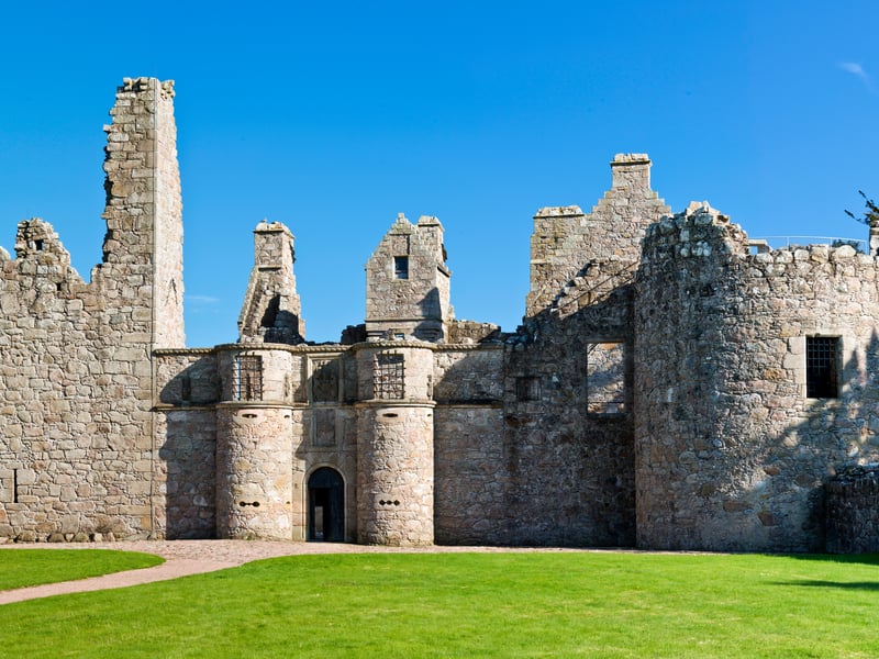 Built more as a stylish country palace than a defensive castle,
Tolquhon Castle near Tarves, Aberdeenshire, was built in the 16th Century around an earlier tower. In the outer walls are recesses where beehives  - or skelps - were kept.
The pile was in the hands of the Forbes family, a major lot in this part of the world. 
Sir William Forbes, the 7th laird an ally of Mary Queen of Scots, significantly rebuilt and expanded his seat but by the early 1700s, his descendants sold the castle to ease their financial difficulties.
The 11th laird refused to abandon the castle  and was
eventually wounded and dislodged from his home by troopsi in September 1718. It was later used as lodgings for farm workers.