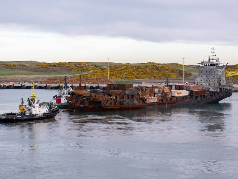 Portuguese vessel Solong was towed to the Scottish city for 'safe berthing'