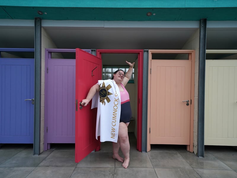 Swimmer Sophie Leitch by the colourful changing rooms.