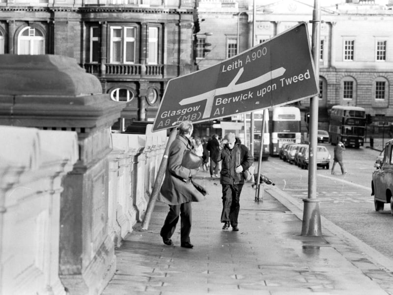 Gales which hit Edinburgh in March 1982 saw this road sign on North Bridge twisted by the wind.