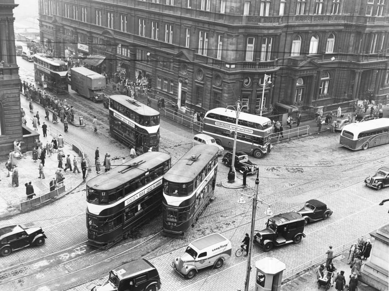 Trams at the junction of Princes Street and North Bridge in 1954.