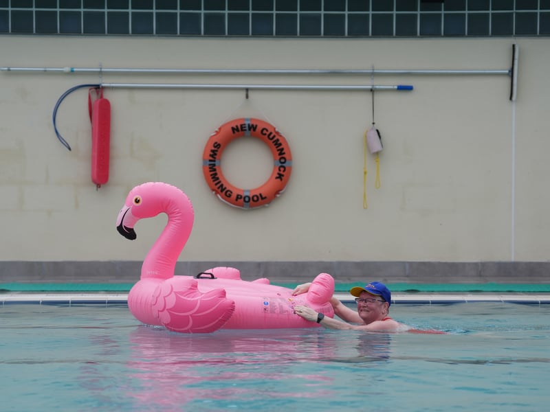 Margaret Holden with her flamingo inflatable.