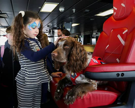 HMS Prince of Wales welcoming families and affiliates on board ahead of Indo-Pacific deployment. Pictured: Family of Lieutenant Smitham with a service dog.