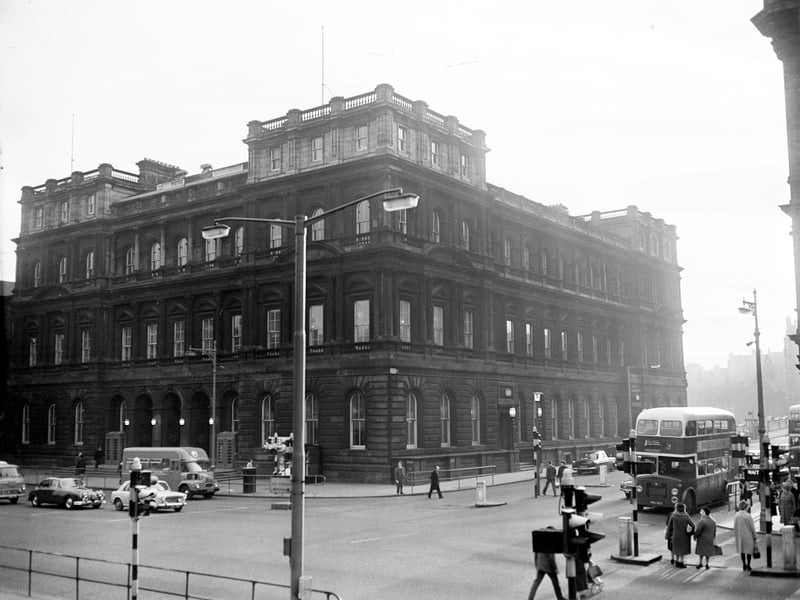 The General Post Office building - now Waverley Gate - at the corner of Waterloo Place and North Bridge in December 1964.