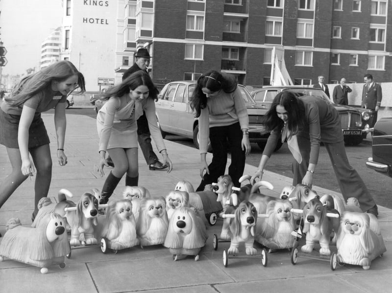The Magic Roundabout children's television programme first aired in the 1960s and was a big success. One of its stars, Dougal, is seen here among a collection of toy rubber dogs being demonstrated at a toy fair in 1969.