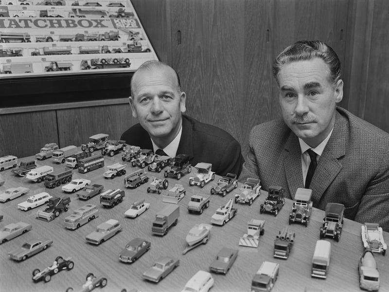 Matchbox cars have stood the test of time well, thanks in large part to their durability. Pictured here in October 1968 with a selection of Matchbox die-cast model cars are Lesney Products co-founder Leslie Smith and Matchbox toys inventor Jack Odell.