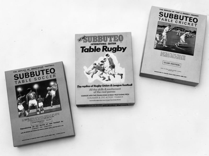 Subbuteo was invented in 1947 and its popularity peaked in the 1960s and 70s. The tabletop football game was the most popular version but, as this photo from around 1960 shows, the makers capitalised on its success by branching out into other sports, including rugby and cricket