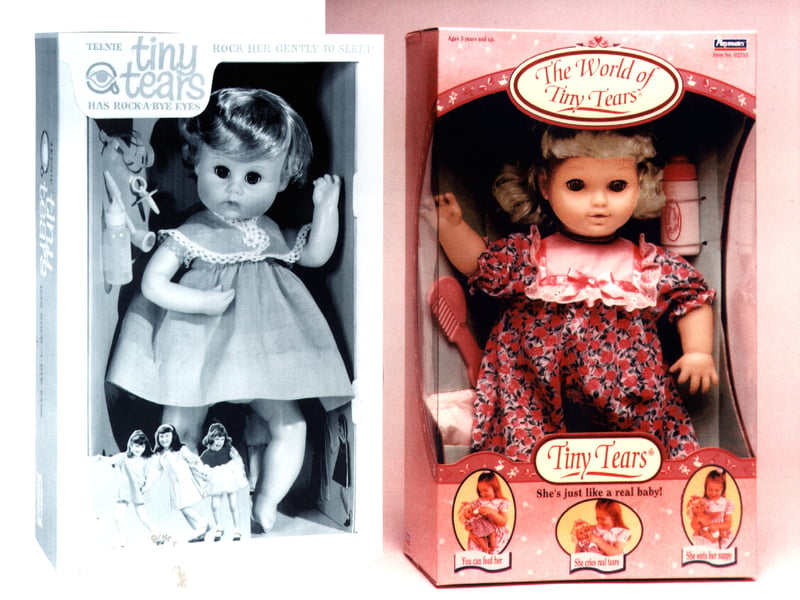 The Tiny Tears doll, unique at the time for her lifelike ability to shed tears after being given water from a baby bottle, was launched in the 1960s but remained popular in the 1960s. Bizarrely, the patent was reportedly awarded back in 1954 for a doll that 'breathes, sheds tears, drinks from a bottle, blows bubbles, and even smokes'. The 1960s Tiny Tears doll is pictured here beside the 1990s version from Playmates, which is described as 'just like a real baby'.