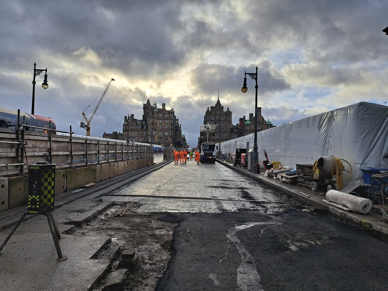 Surfacing works being carried out on the west side of North Bridge in January 2024 as part of the major refurbishment project. The cost of the project and the timescale for the works had both increased when inspections of previously inaccessible areas revealed more extensive repairs were required.