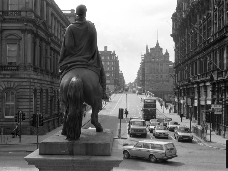 Looking up North Bridge from behind the Duke of Wellington's statue in Princes Street, May 1986.