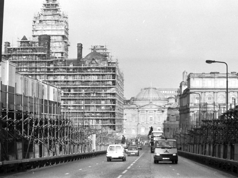 Scaffolding covers almost all of Edinburgh's North Bridge, including the North British hotel in January 1990.