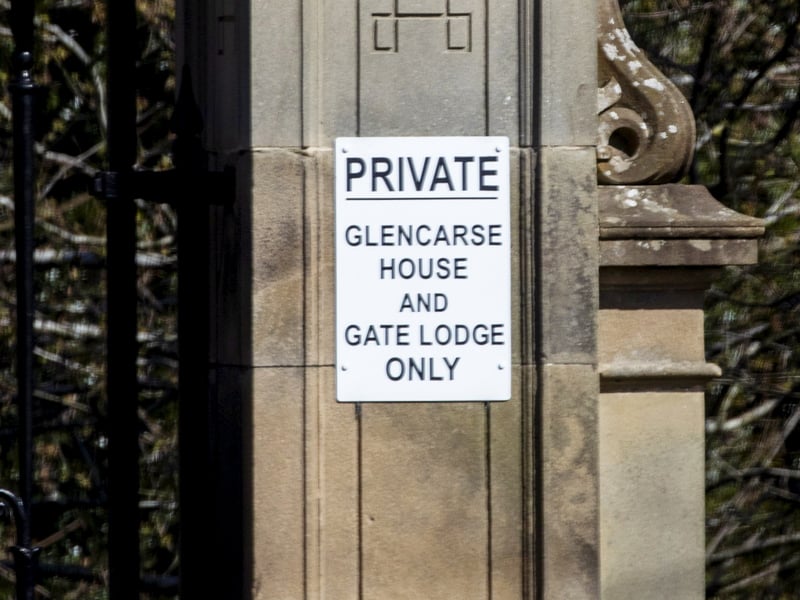 A placard on the main gate to Glencarse House signalling it is private property